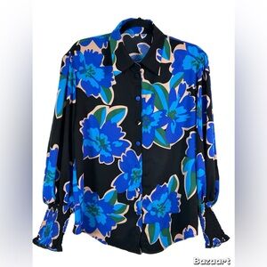 Floral Blue, Black and Green Women's Blouse with cinch sleeves, Size Small